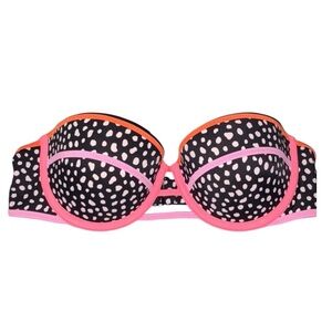 Victoria's Secret Black Polka Dot Bandeau Bikini Top with Pink & Orange Trim